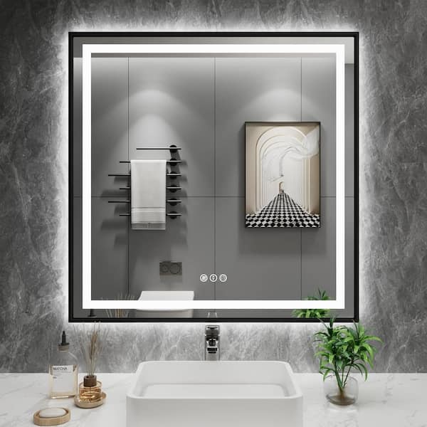 KIOTEE 36 in. W x 36 in. H Square Framed Front and Back LED Lighted Anti-Fog Wall Bathroom Vanity Mirror in Tempered Glass