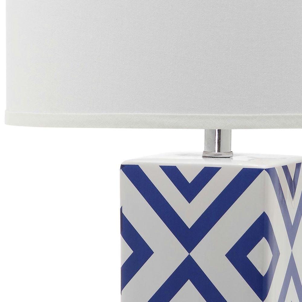 Navy and White Ceramic Geometric Table Lamp with Acrylic Base