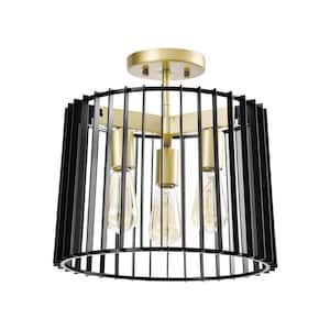 Maxax Madison 14.45 in. 3-Light Black/Gold Lantern Drum Semi Flush