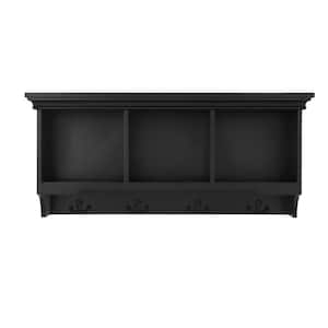 16.14 in. H x 36 in. W x 11 in. D Black Wood Floating Decorative Cubby Wall Shelf with 4 Hooks