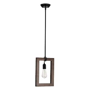 Karina 1-Light Antique Black Metal and Natural Wood Cage Chandelier