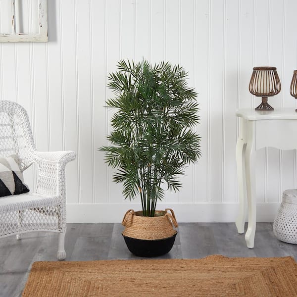 Nearly Natural 4 ft. Green Parlor Palm Artificial Tree in Boho Chic Handmade Cotton & Jute Black Woven Planter