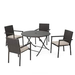 Adler Multi-Brown 5-Piece Faux Rattan Outdoor Patio Dining Set with Beige Cushions
