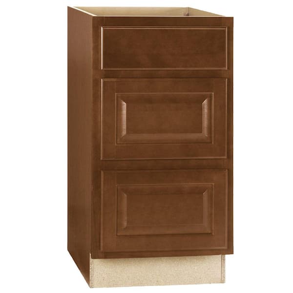 Hampton Bay Hampton 18 in. W x 24 in. D x 34.5 in. H Assembled Drawer Base Kitchen Cabinet in Cognac with Drawer Glides