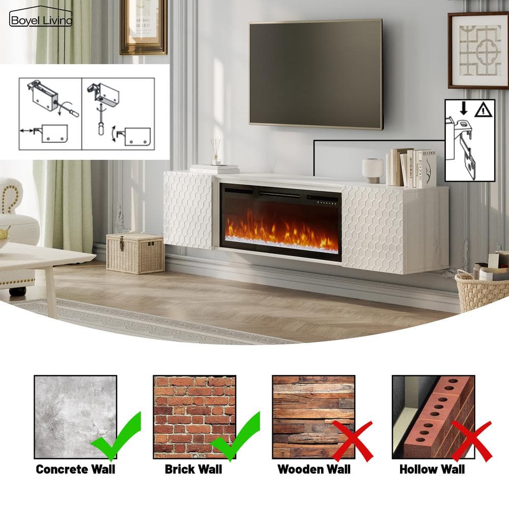 White Wall Mounted TV Stand with Electric Fireplace and Storage