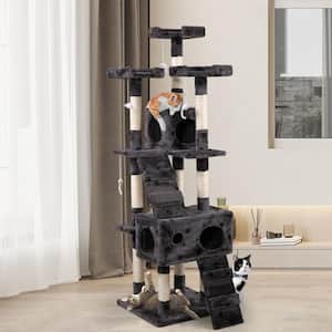 67 in. Grey with Paw Print Cat Tree Tower Kitten Condo House