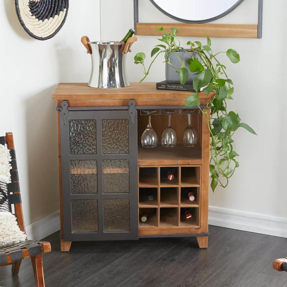 9-Bottle Brown Wood Industrial Standing Wine Rack