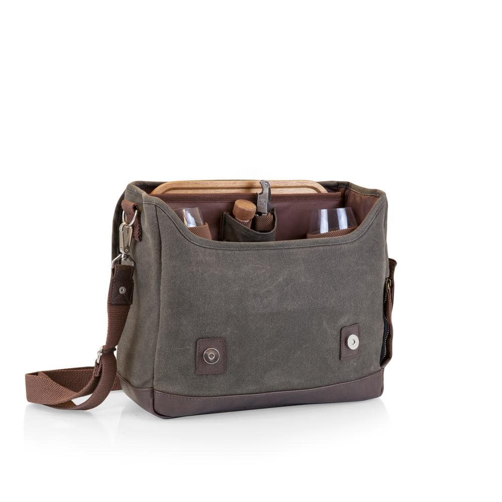 Khaki Green Waxed Canvas Wine Tote with Acacia Table