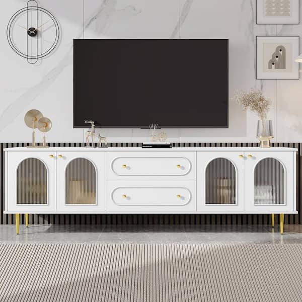 Modern Sleek White TV Stand Fits TVs Up to 80 in. with 4-Fluted Glass Doors, 2-Drawers for Living room