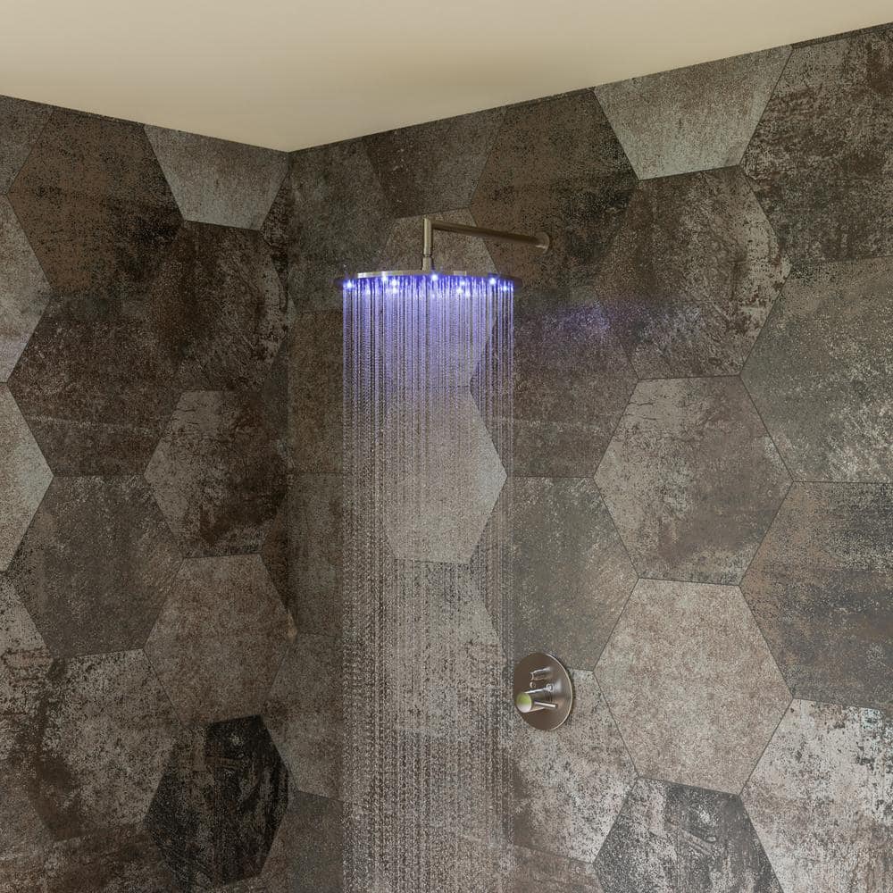 Brushed Nickel Round LED Rain Shower Head with Temperature Control