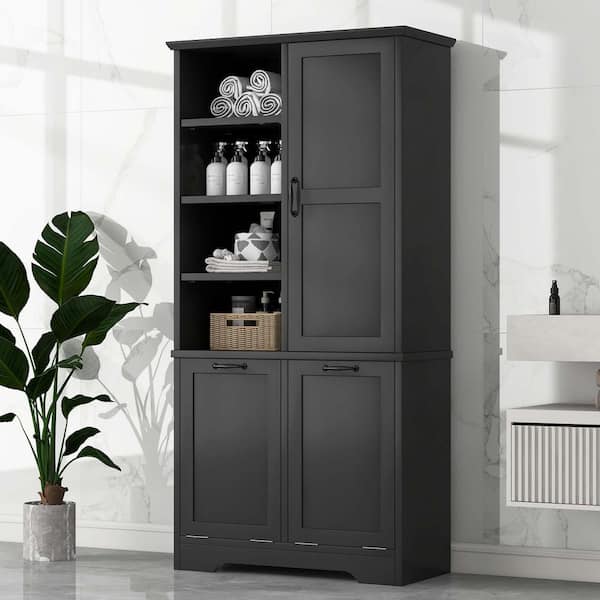 31 in. W x 14 in. D x 68 in. H Black Linen Cabinet, Storage Cabinet with Tilt-Out Laundry Hamper, Adjustable Shelves