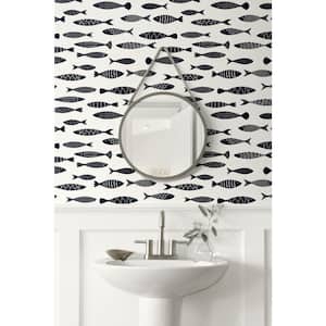 Black and White Bay Fish Nonwoven Paper Unpasted Wallpaper Roll 60.75 sq. ft.