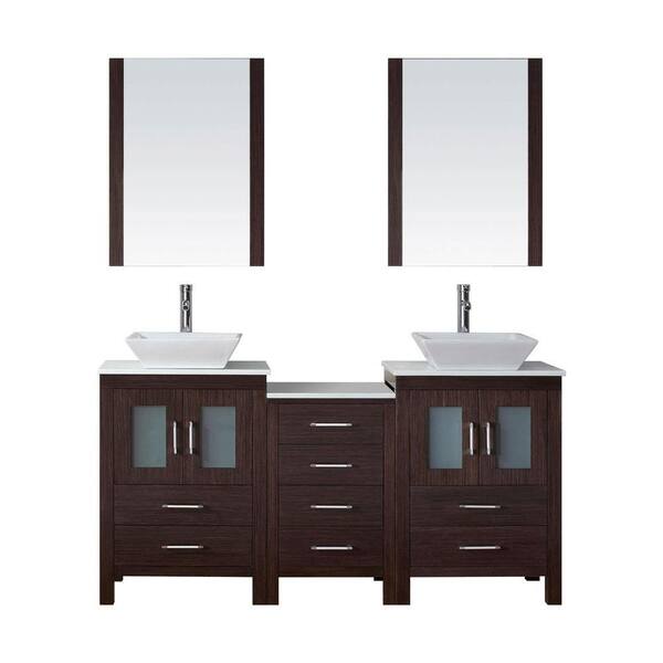 Virtu USA Dior 67 in. W Bath Vanity in Espresso with Stone Vanity Top in White with Square Basin and Mirror