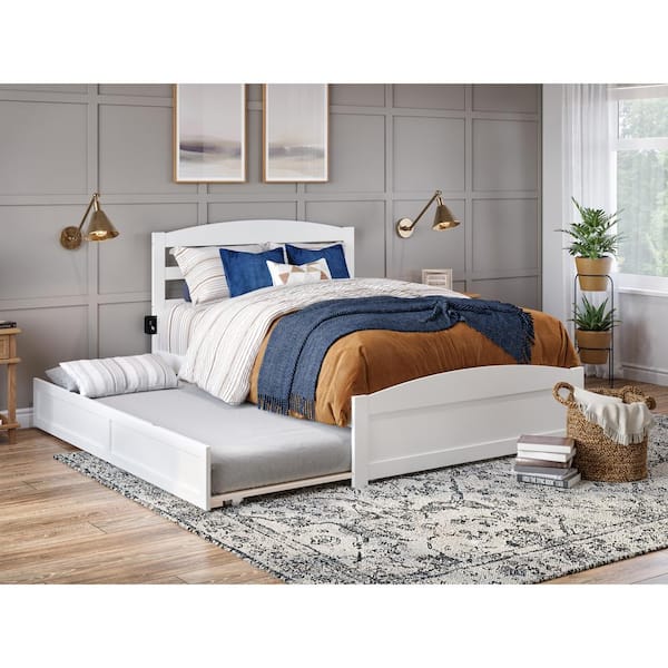 AFI Warren 60-1/4 in. W White Queen Wood Frame with Twin XL Pull Out Trundle Bed Footboard an USB Charger Platform Bed