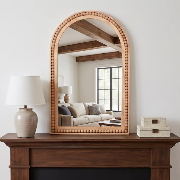 20 in. W x 30 in. H Arched Framed Wall Bathroom Vanity Mirror with Beaded Solid Wood Frame in Natural