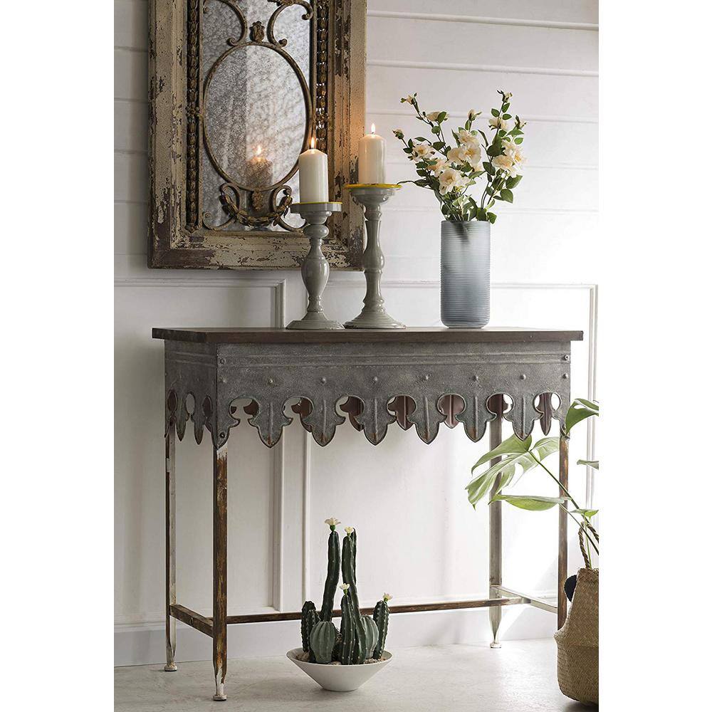 Scalloped Edge 36" Metal & Wood Console Table with Distressed Finish