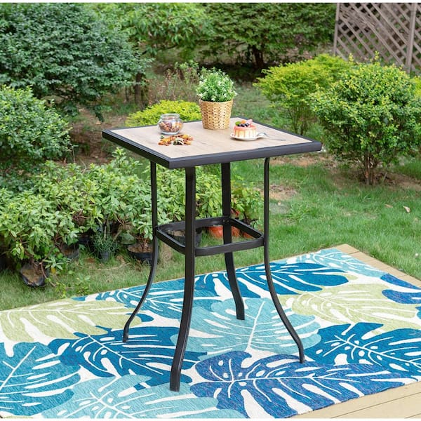 PHI VILLA Black Square Metal Patio Outdoor Bistro Table with Wood-Look Tabletop