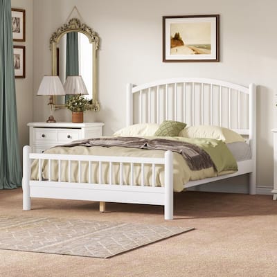 White Premium Rubber Wood Frame Queen Platform Bed with Arched Headboard