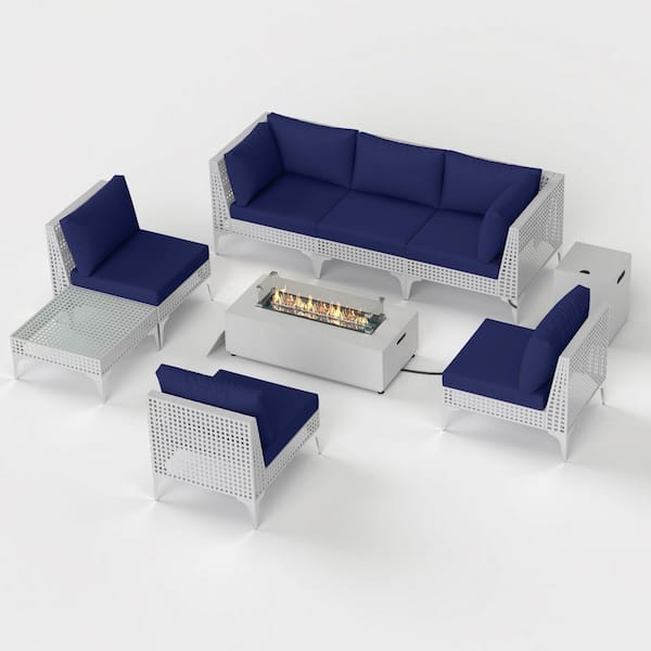Unbranded (9-Piece) Outdoor Patio Furniture Set Wicker Conversation Set with Fire Pit Table, Navy Blue Cushions and Coffee Table