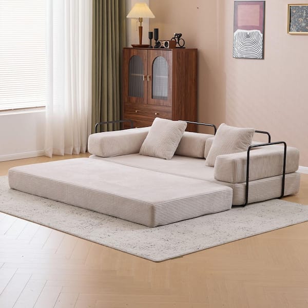 Beige Convertible Folding Mattress Couch with Pillow Back Support Armrest Corduroy Floor Sofa Bed Recliner