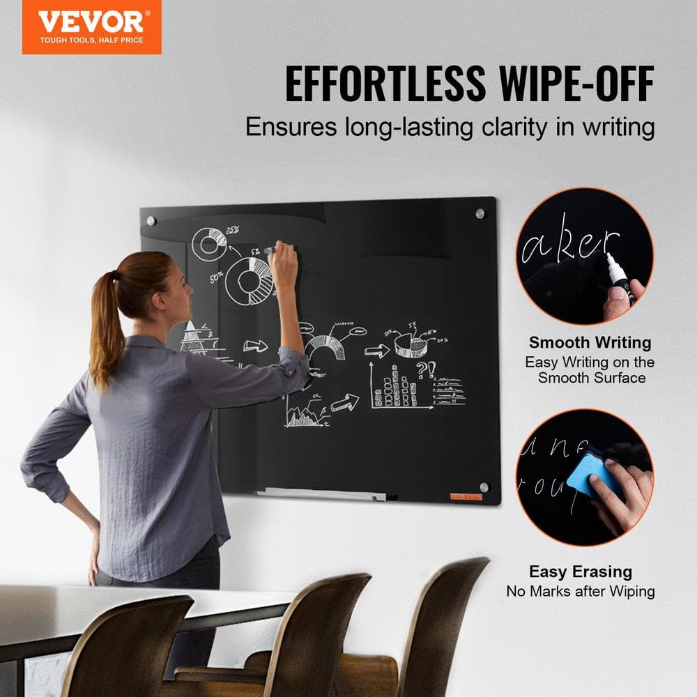 Black Frameless Magnetic Glass Whiteboard 36" x 24"