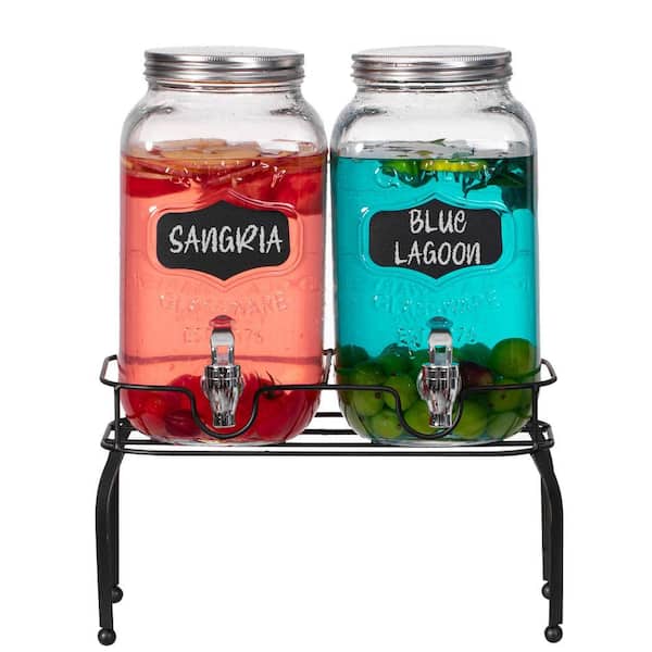 2-Pieces Glass Drink Dispenser Set with Metal Stand, Stainless Steel Spigots and Chalkboard Signs