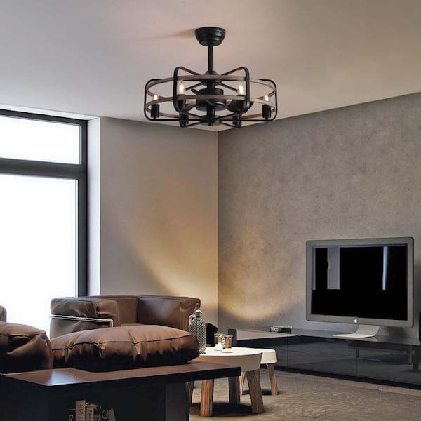 24 in. Indoor Black Farmhouse Ceiling Fan with Light and Remote,Rustic Caged Chandelier Ceiling Fan