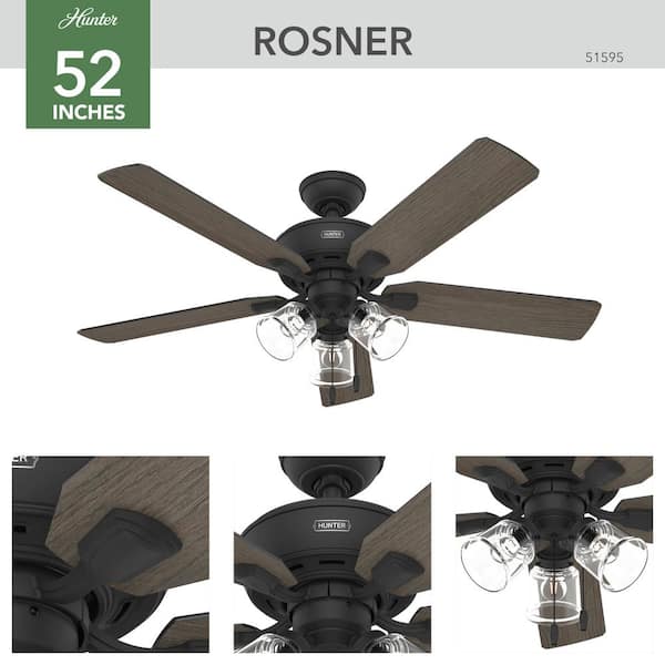 Hunter - Rosner 52 in. Indoor Matte Black Ceiling Fan with Light Kit Included