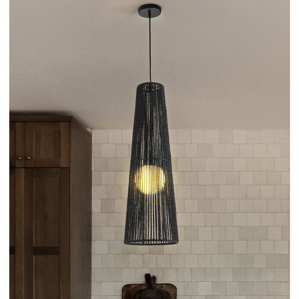 1-Light Modern Black Hand-Woven Rattan Staircase Chandelier Bubble Natural 
