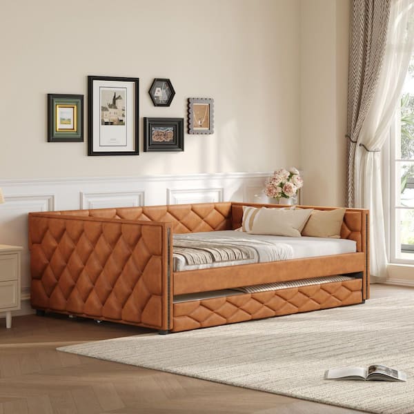 Ken Brown Full XL Size Faux Leather Upholstered Daybed with Trundle, LED