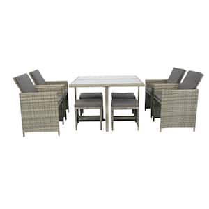 9-Piece Wicker Patio Conversation Set with Grey Cushion, Outdoor Space Saving Rattan Chairs with Glass Table-Grey