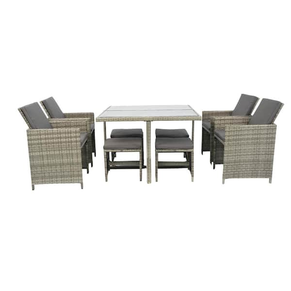 Otryad 9-Piece Wicker Patio Conversation Set with Grey Cushion, Outdoor Space Saving Rattan Chairs with Glass Table-Grey