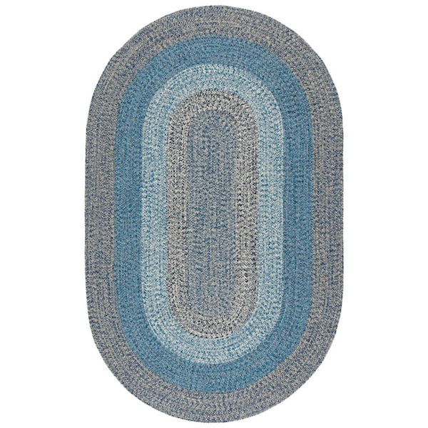 Braided Navy/Blue 5 ft. x 8 ft. Machine Washable Solid Striped Border Oval Area Rug