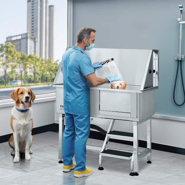 38 in. Pet Dog Bathing Station w/Ramp Professional Stainless Steel Dog Grooming Tub Pet Furniture Cover Right