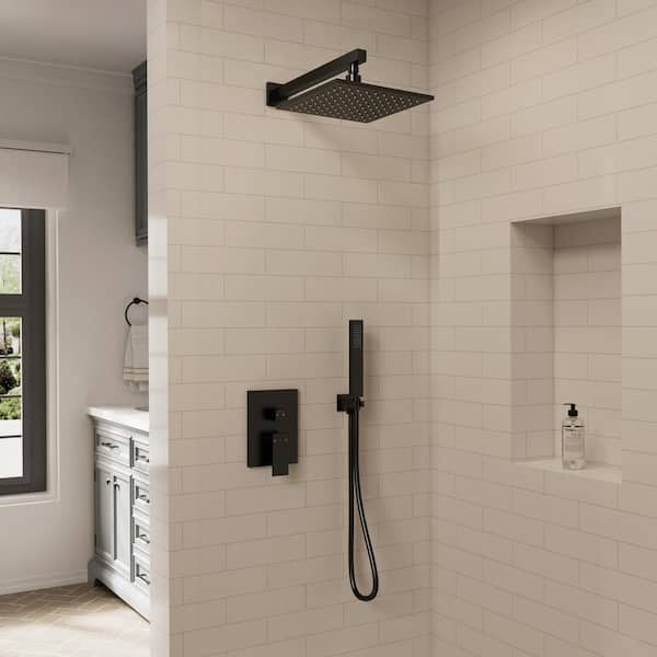 GRANDJOY IntelliFlow 2-Spray 10 in.Wall Mount Shower Head 2.5 GPM with 3-Color LED Fixed in Matte Black Valve Included