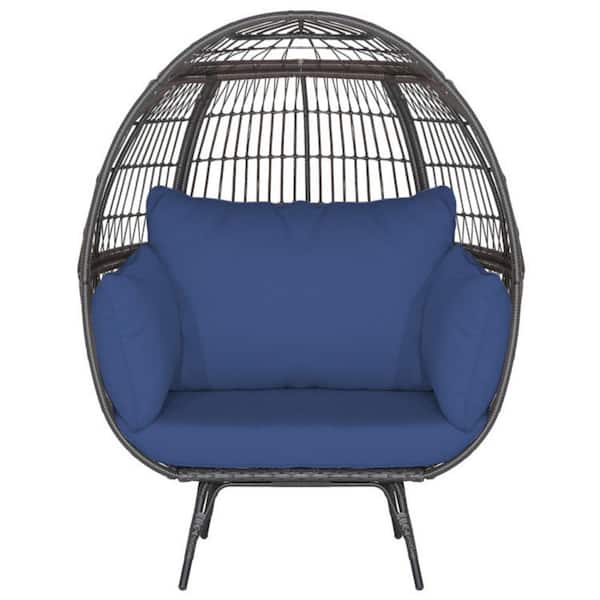 Clihome Wicker Outdoor Egg Lounge Chair Oversized Patio Rattan Lounge Chair with Navy Blue Cushions