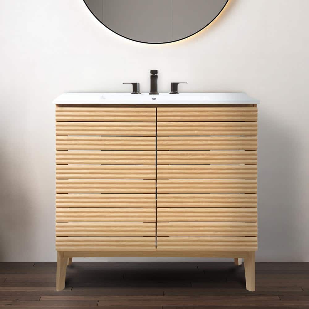 Calandre 36" Oak Slat Modern Farmhouse Bath Vanity Cabinet