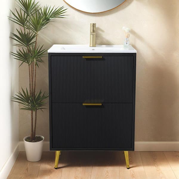 24 in. W x 16 in. D x 34 in. H Freestanding Black Bath Vanity with White Ceramic Sink Top with single Sink Unassembled