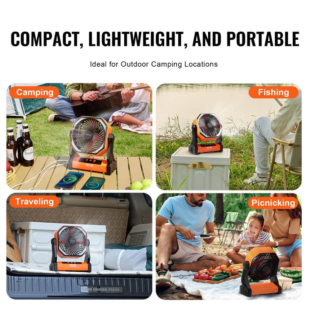 VEVOR 8-Inch Orange Rechargeable Desk Fan with LED Lantern