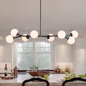 55.9 in. 8-Light Black Sputnik Chandelier with White Opal Glass Shades for Dining Room