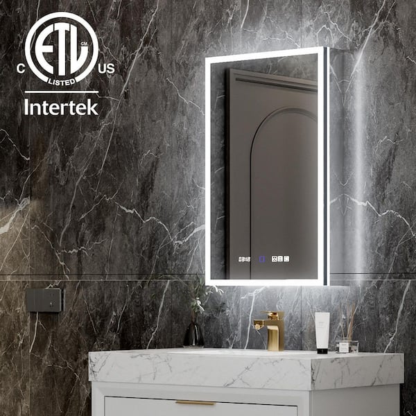 20 in. W x 32 in. H Rectangular Silver Aluminum Recessed/Surface Mount Medicine Cabinet with Mirror and LED (Right Open)