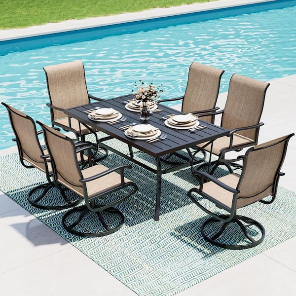 PamaPic Beige 7-Piece Metal Outdoor Patio Dining Set with Rectangle Table and Textilene Swivel Chairs