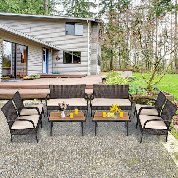 Unbranded 4-Piece Wicker Patio Conversation Set with White Cushions