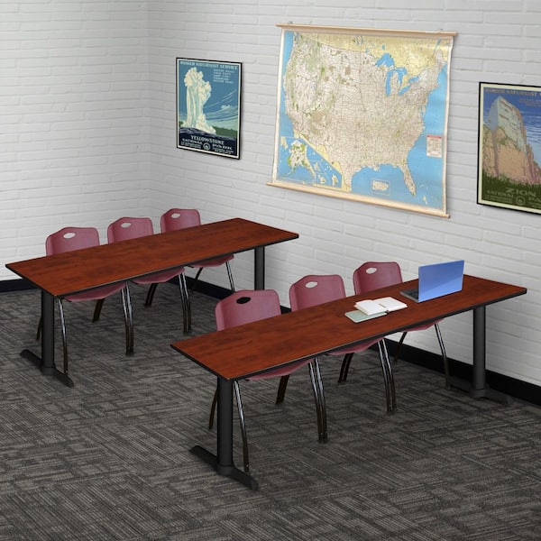 Cain 84 in x 24 in. Cherry T-Base Training Seminar Table Desk and 3 M Stack Chairs-Burgundy