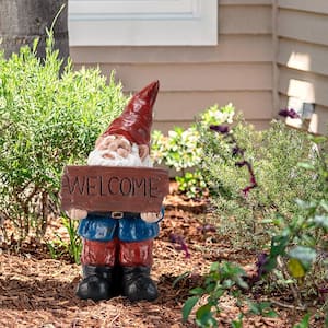 22 in. Tall Outdoor Garden Gnome with Welcome Sign Yard Statue Decoration, Multicolor