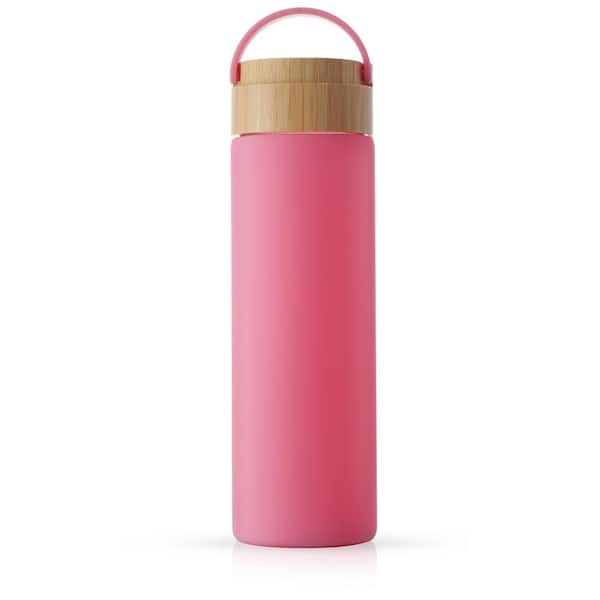 JoyJolt 20 oz. Pink Glass Water Bottle with Carry Strap and Non Slip Silicone Sleeve