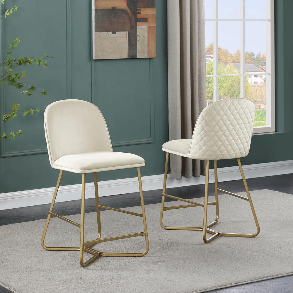 Cream Velvet 24" Counter Height Stools with Wood Frame, Set of 2
