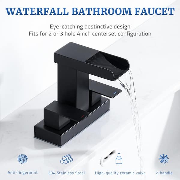 4 in. Centerset Double Handle Slope Waterfall Spout Bathroom Vessel Sink Faucet with Pop Up Drain in Matte Black