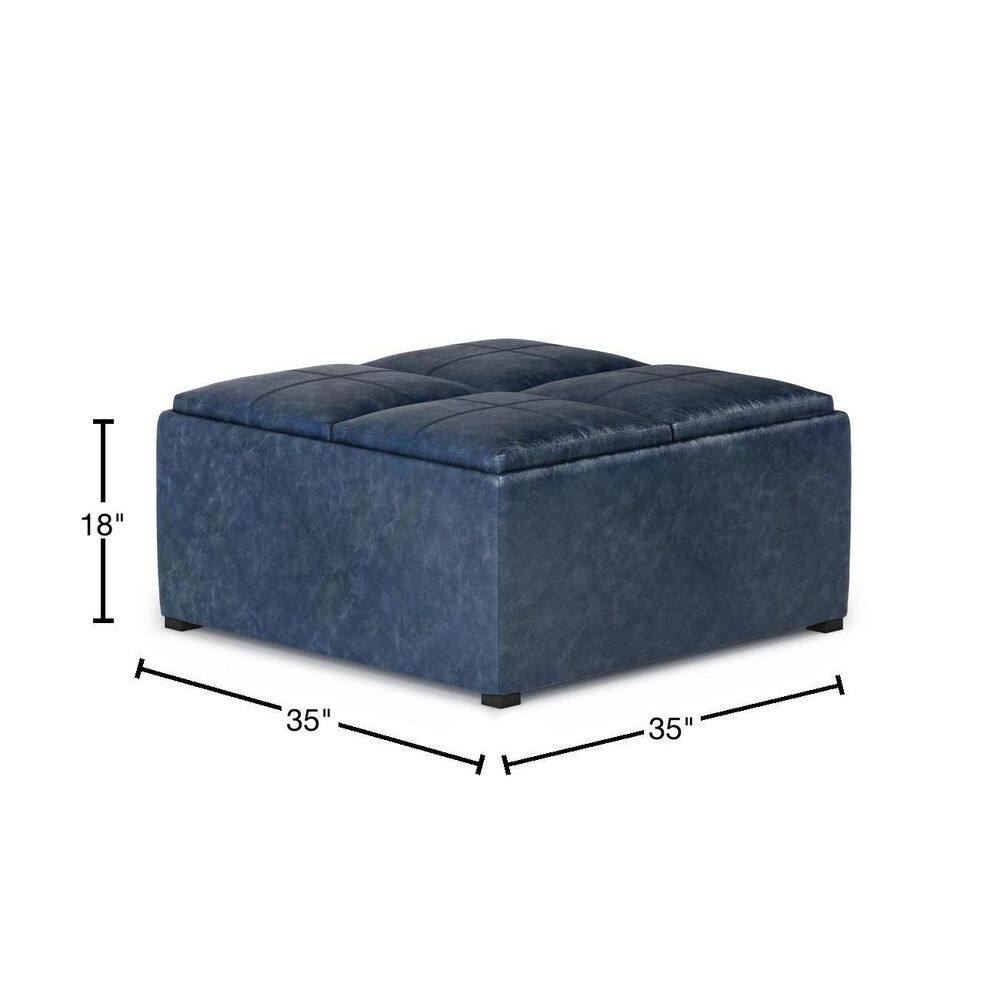 Avalon Denim Blue Square Storage Ottoman with Flip Trays