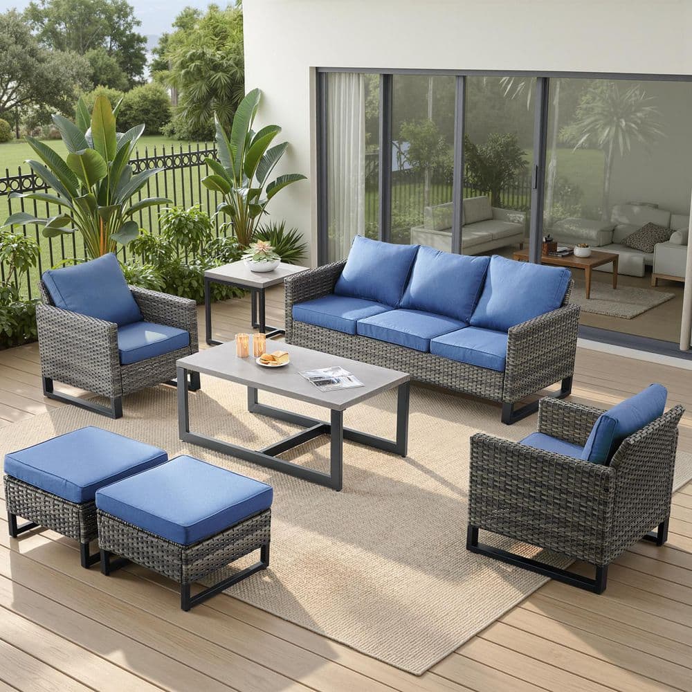 U-Weave Gray 7-Piece Wicker Patio Conversation Set with 4.5 in. Thick Navy Blue Cushions and Ottomans price history on PriceWatchPro